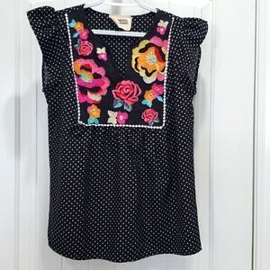 Savanna Jane Shirt Womens Small Black Polka Dot Floral Embroidered